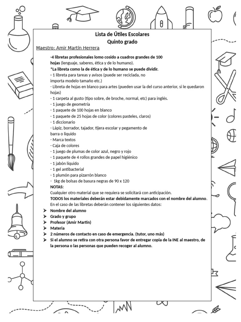 Lista de Útiles Escolares Quinto Grado | PDF