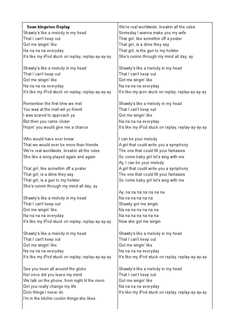 Sean Kingston - Shawtys like a melody in my head lyrics 