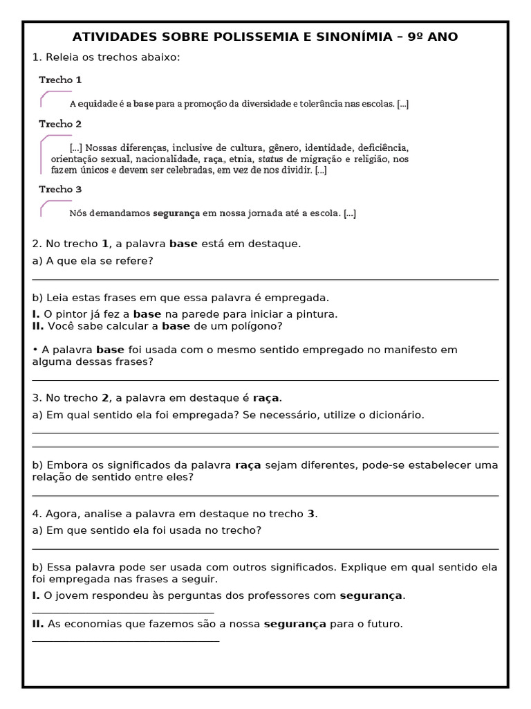 Atividades Sobre Polissemia | PDF