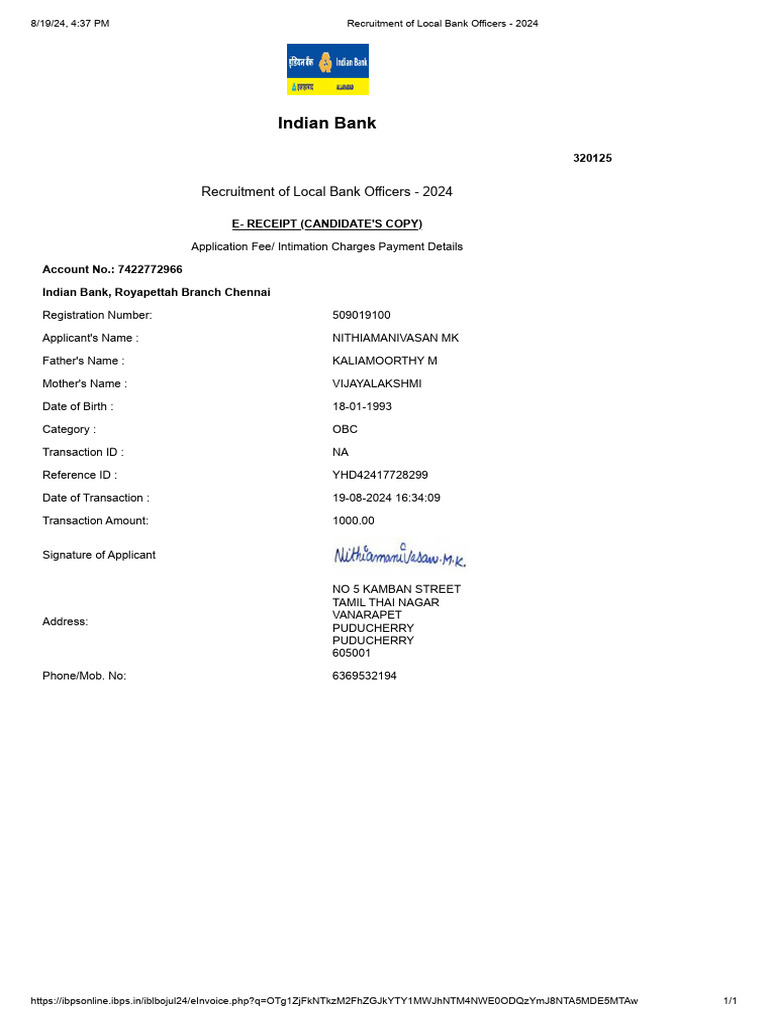 Indian Bank Local Off | PDF
