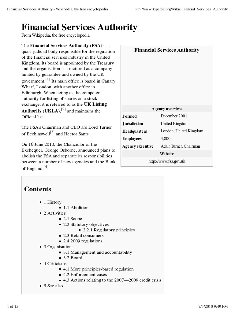Financial Services Authority Wikipedia The Free - 