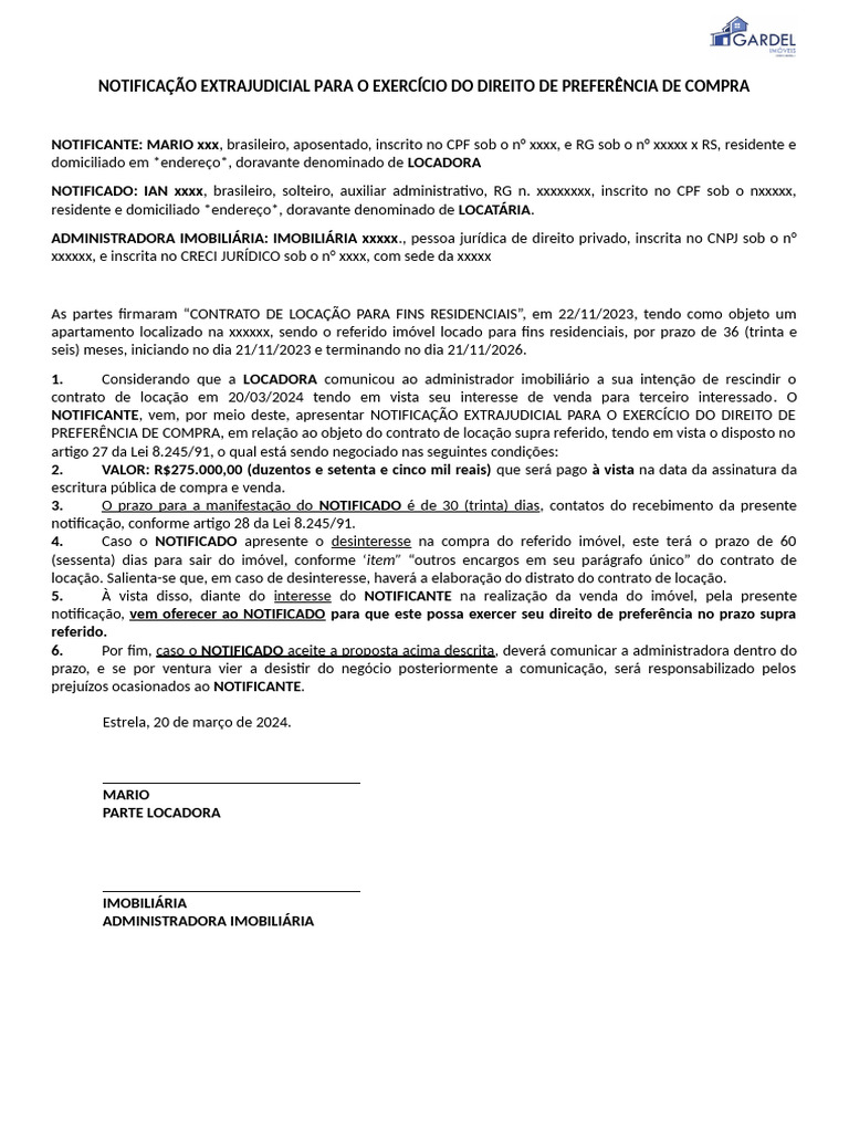 Notifica o Direito De Prefer ncia PDF
