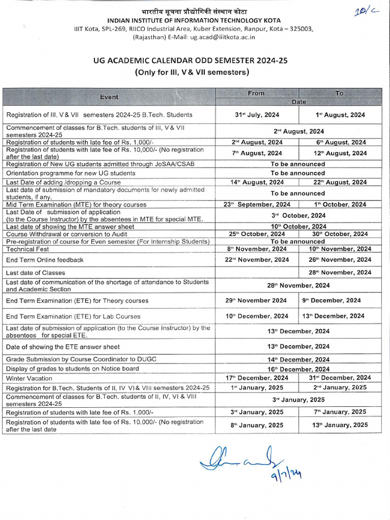 7th Sem Ug Academic Calendar Template | PDF