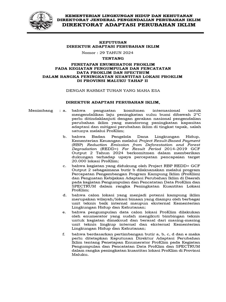 Sk 29 tahun 2024 penetapan enumerator proklim maluku pdf