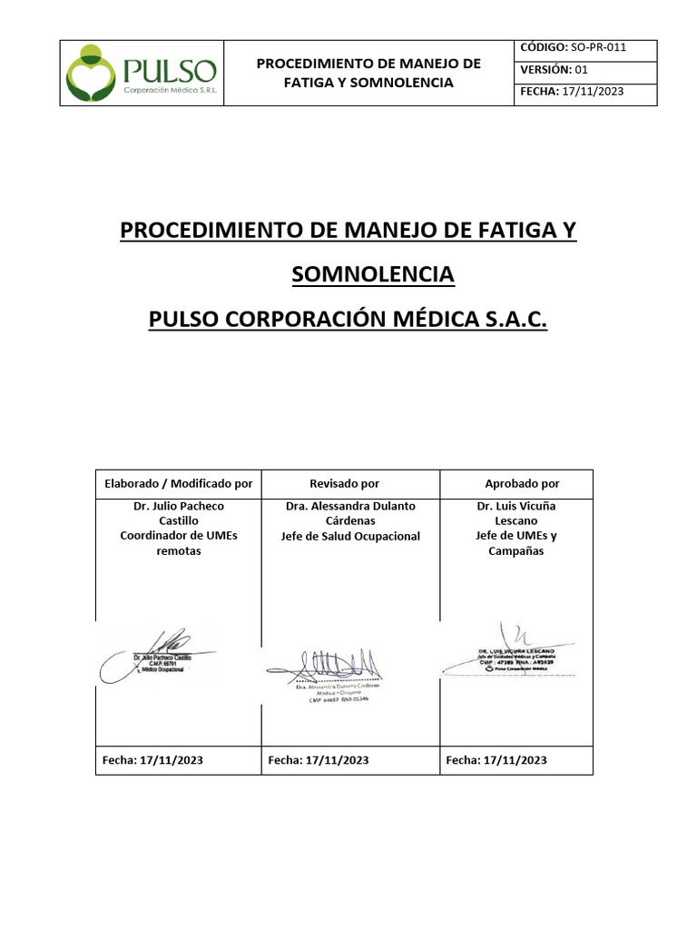 SO-PR-011 - PROCEDIMIENTO DE FATIGA Y SOMNOLENCIA - v2.0 | PDF