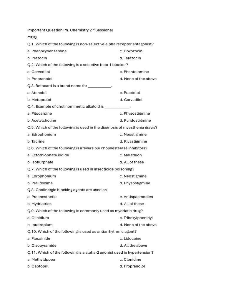 Important Question Ph. Chemistry 2nd Sessional | PDF | Drugs | Pharmacology