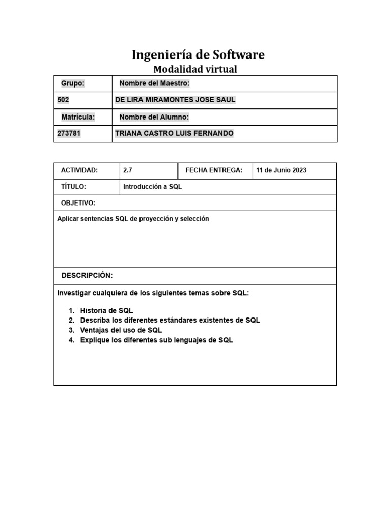 Ingeniería de Software: Modalidad Virtual | PDF | SQL | Bases de datos