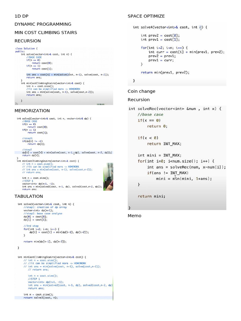 1D DP Dynamic Programming Min Cost Climbing Stairs Recursion Space ...