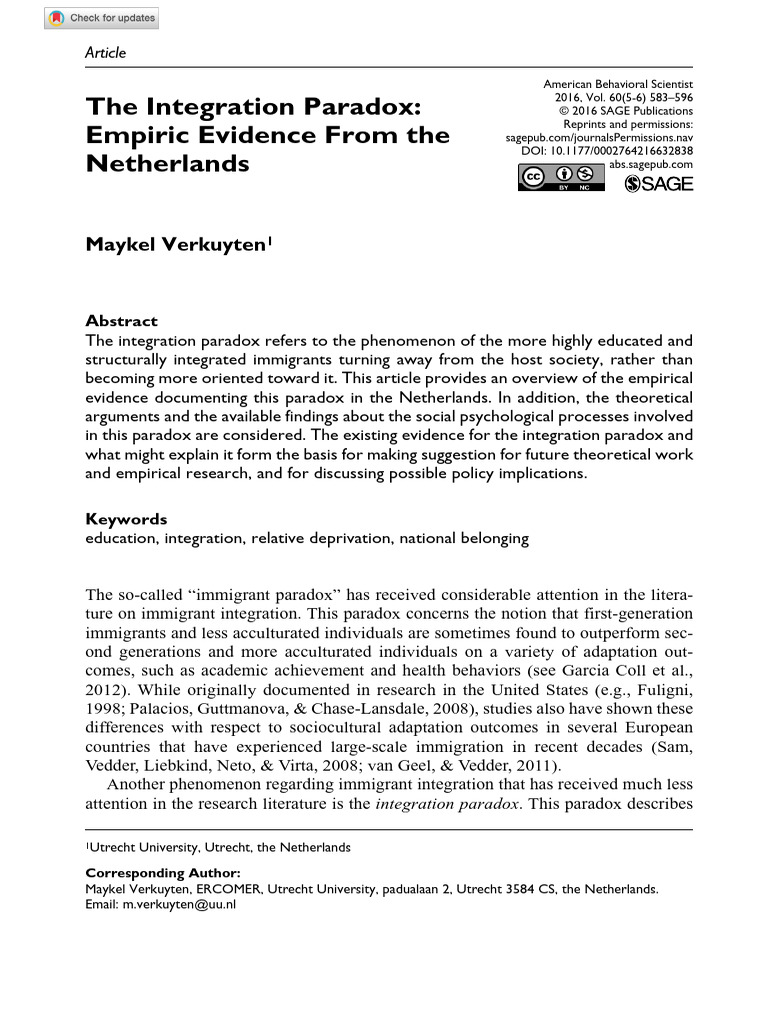 Verkuyten 2016 The Integration Paradox Empiric Evidence From The ...