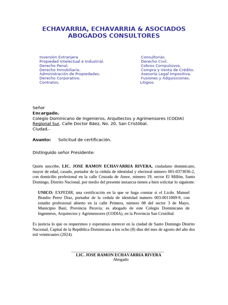 SOLICITUD DE CERTIFICACION CODIA Abogado | PDF