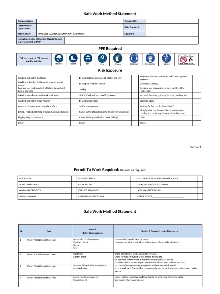 SWMS - Portable Electrical Equipment and Tools - 2021 | PDF