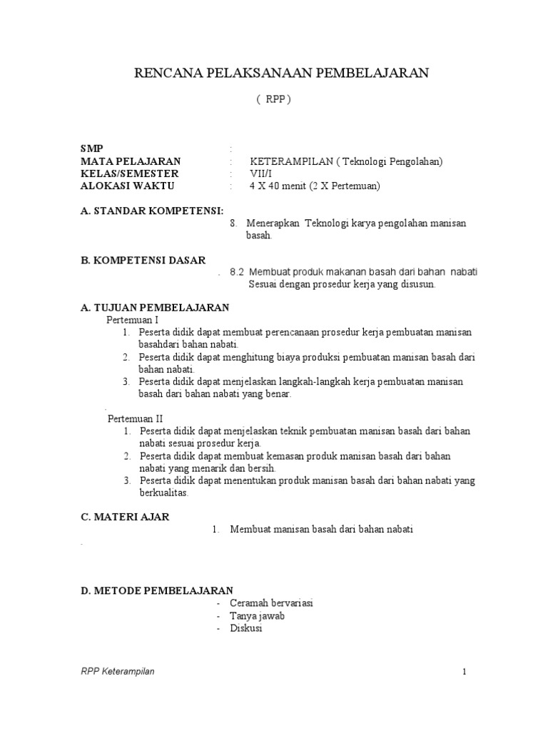 RPP Keterampilan Manisan Basah SMP | PDF | Karier & Perkembangan