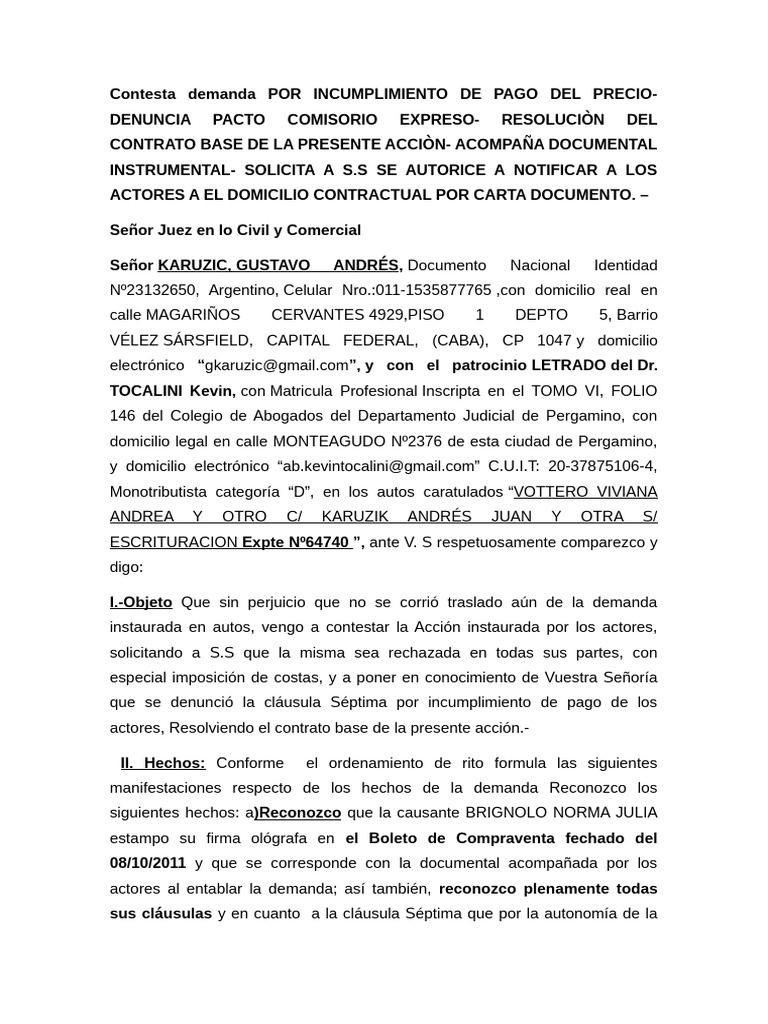 Contesta Demanda Civil Karuzic | PDF