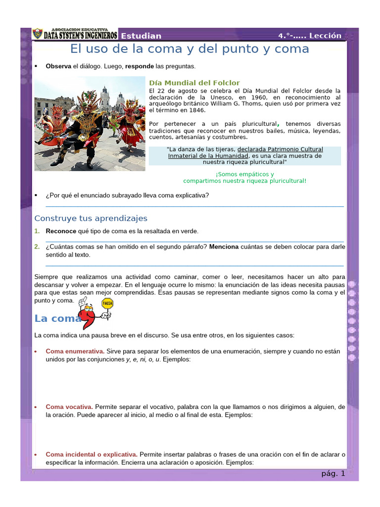 Uso de la coma y el punto y coma | PDF | Coma | Artes del Lenguaje y ...