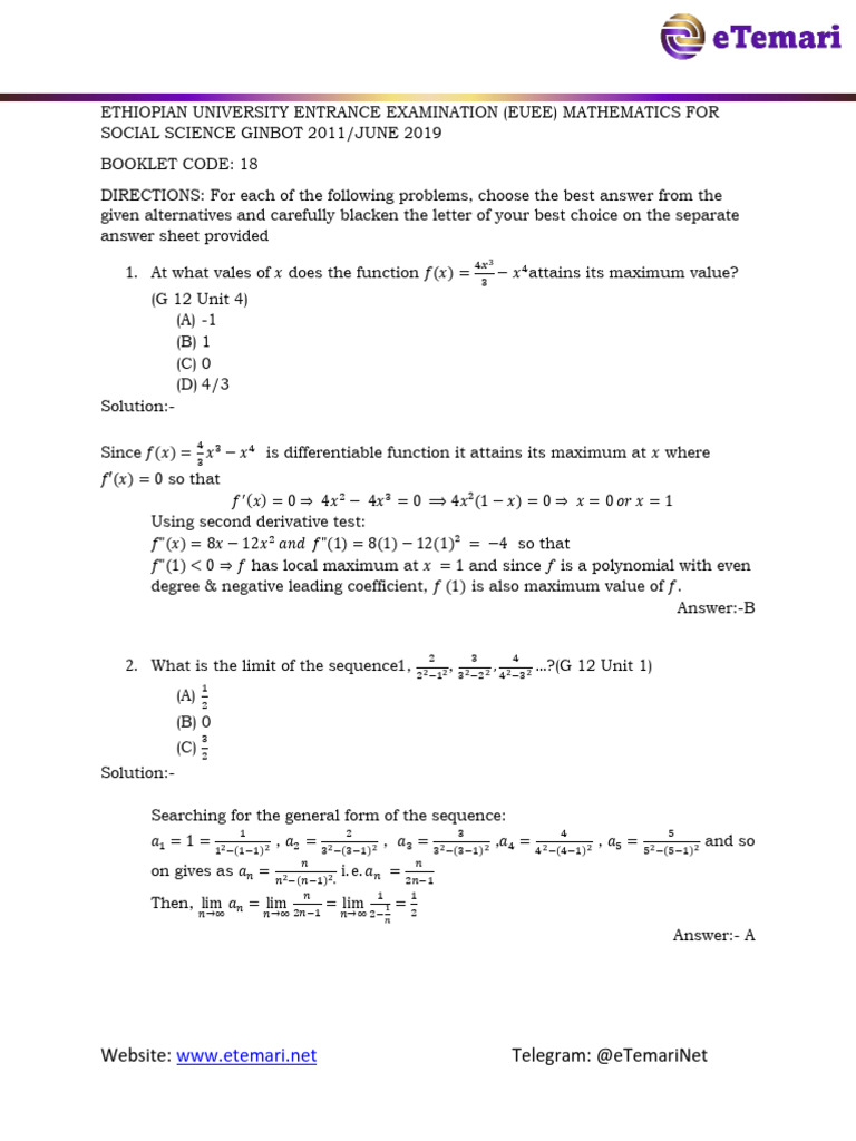 2011 Math Exam Solution | PDF