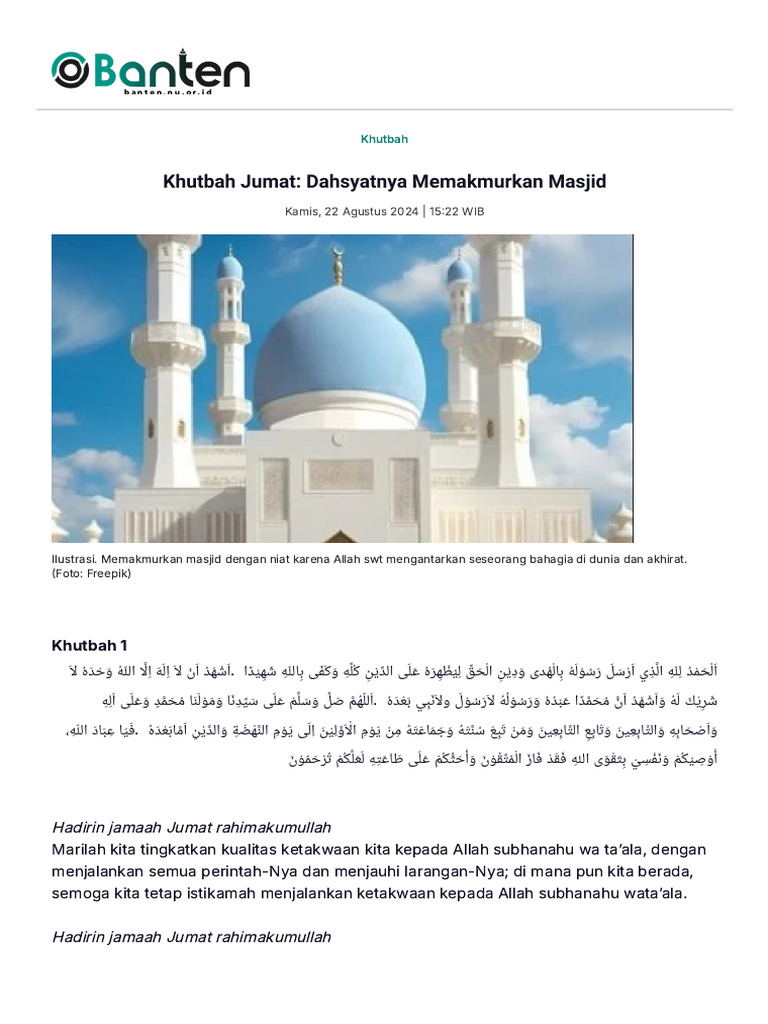Khutbah Jumat Dahsyatnya Memakmurkan Masjid Pdf