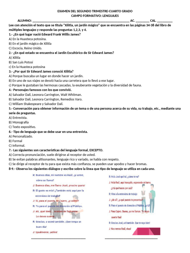 Examen Segundo Trimestre 4° Grado | PDF