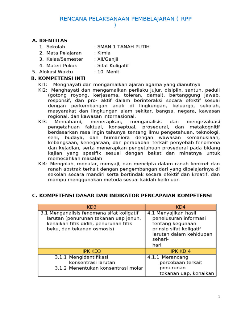 Rencana Pelaksanaan Pembelajaran (RPP) : A. Identitas | PDF