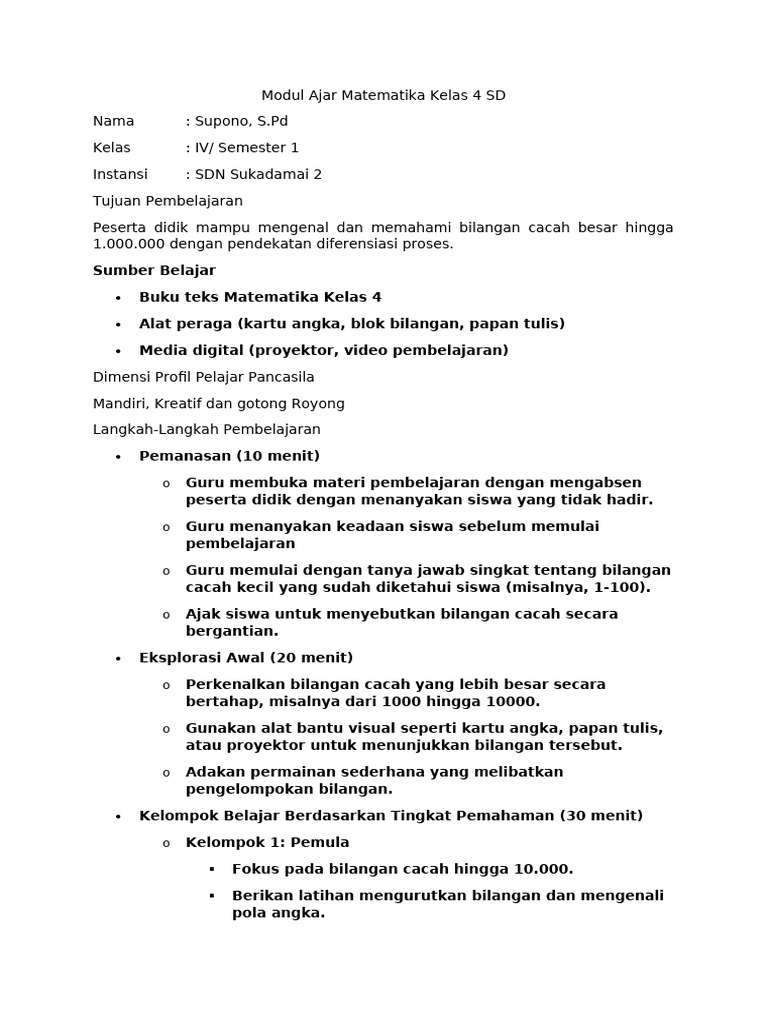 Modul Ajar Matematika Kelas 4 SD | PDF | Metode & Bahan Ajar | Seni