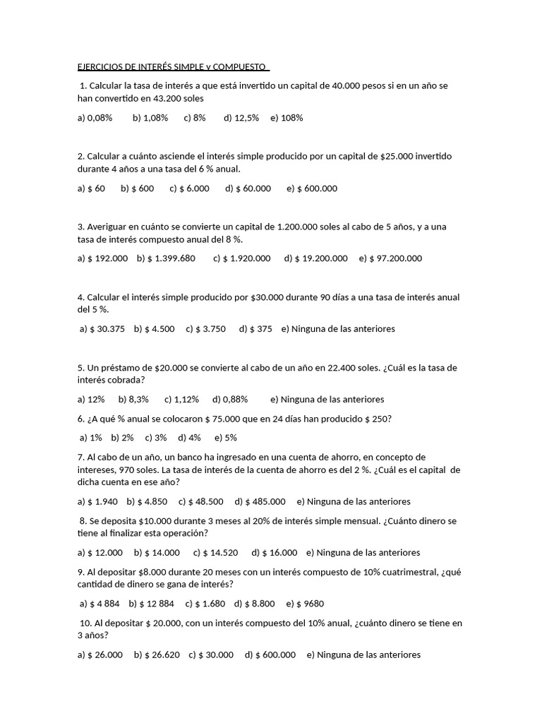 Ejercicios de Interés Simple y Compuesto | PDF