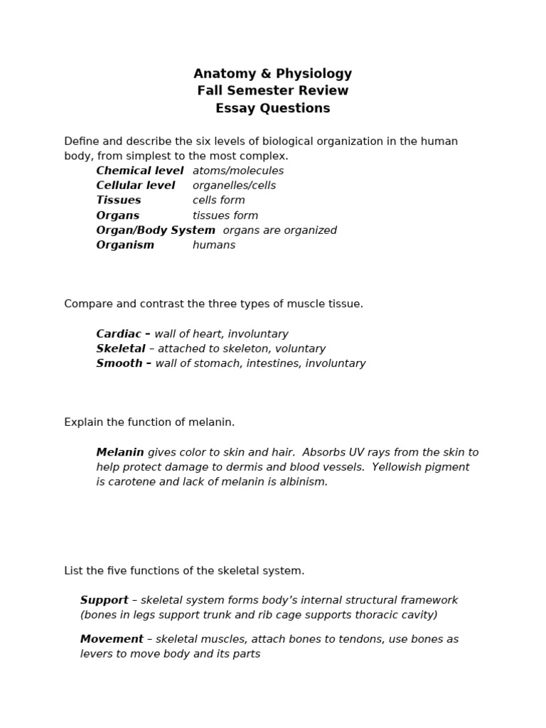 Intro A&P Fall Semester Exam Review Essays | PDF | Skeleton | Science ...