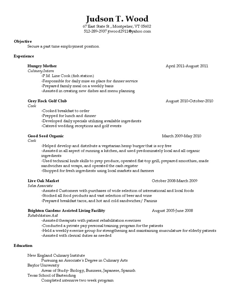 Culinary Resume of Judson T. Wood | PDF | Cooking, Food & Wine
