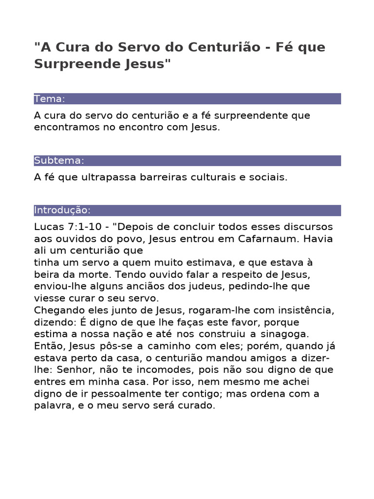A Cura Do Servo Do Centurião - PR Lucas Jesus | PDF