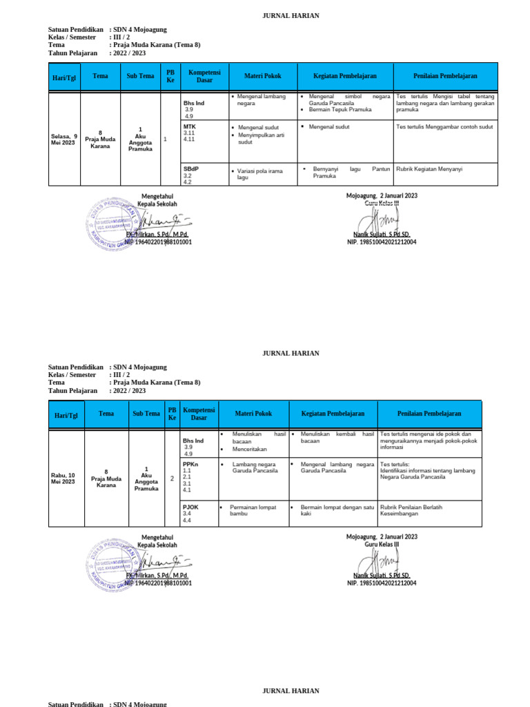 Jurnal Kelas 3 Tema 8 | PDF