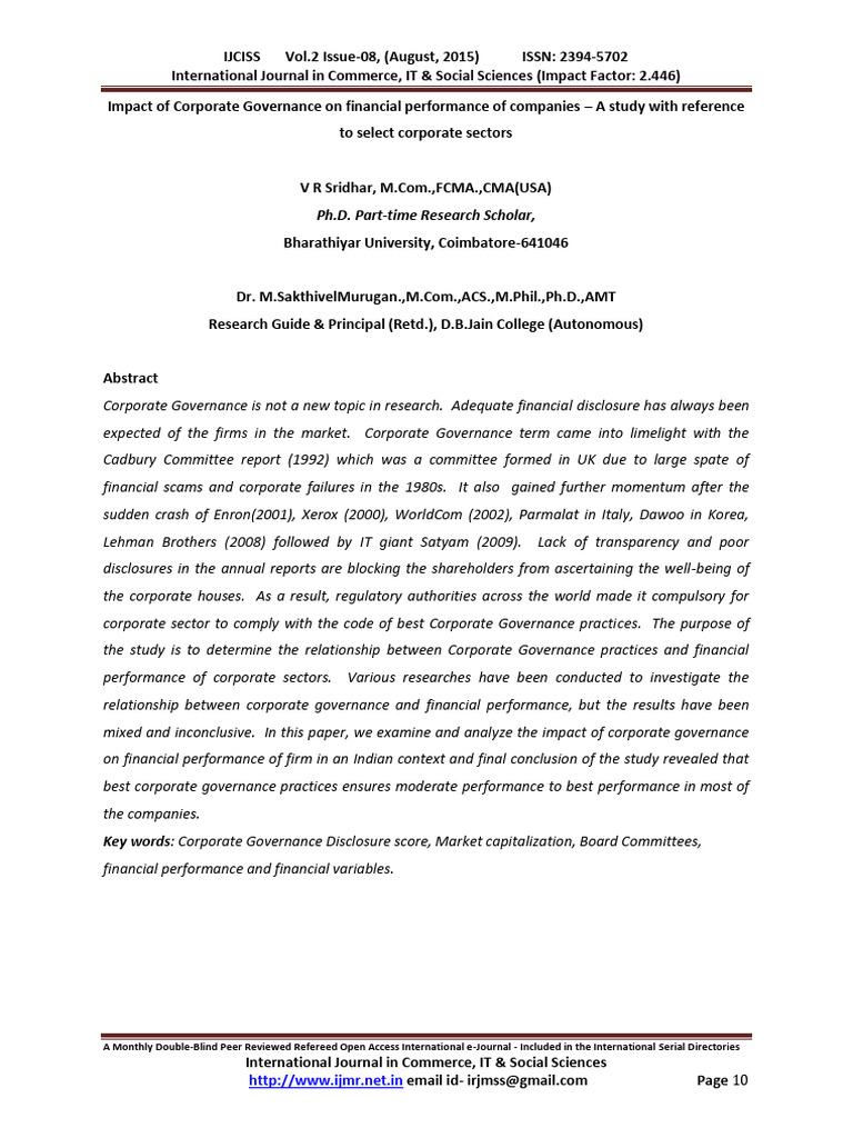 Corporate Governance Impact on Financial Performance | PDF | Corporate ...