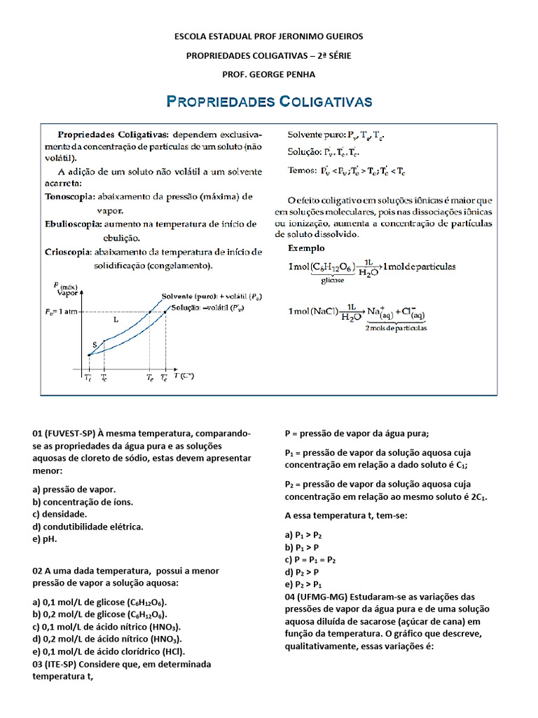 Propriedades Coligativas Exercícios | PDF