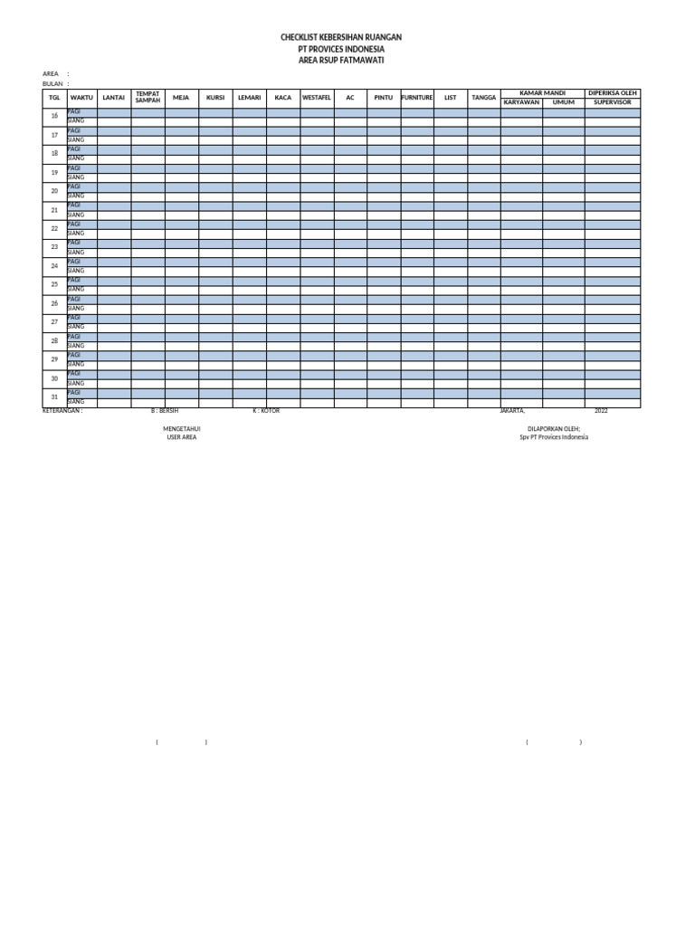 Cheklist Kebersihan Ruangan | PDF