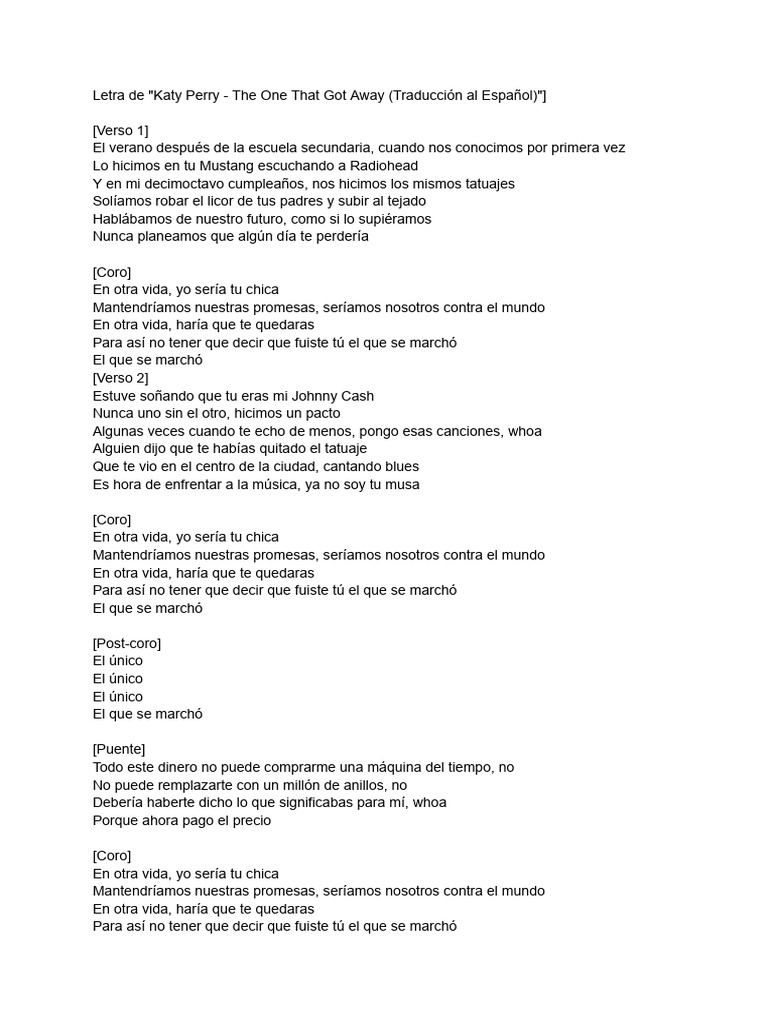 Letra de - Katy Perry - The One That Got Away (Traducción Al Español) | PDF