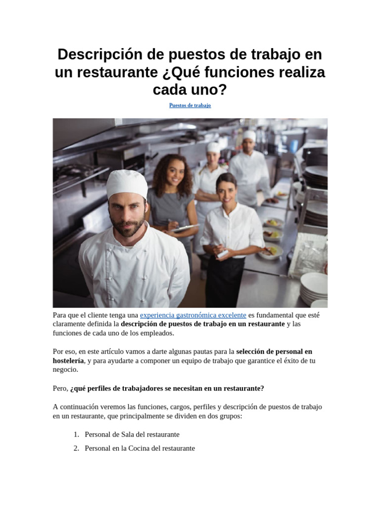 Descripción de Puestos de Trabajo en Un Restaurante | PDF