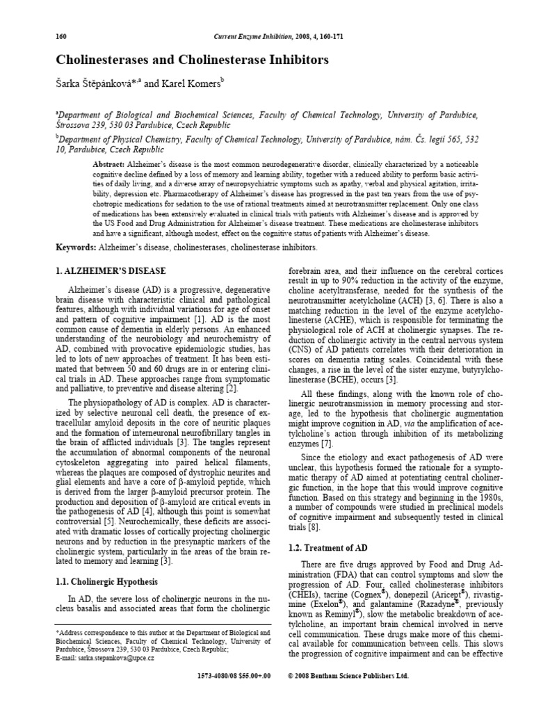 Cholinesterases and Cholinesterase Inhibitors | PDF
