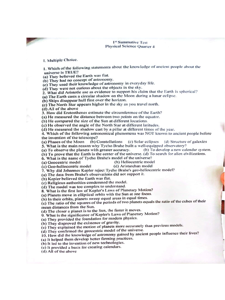 Physical Science 1st Summative Test Quarter 4 | PDF