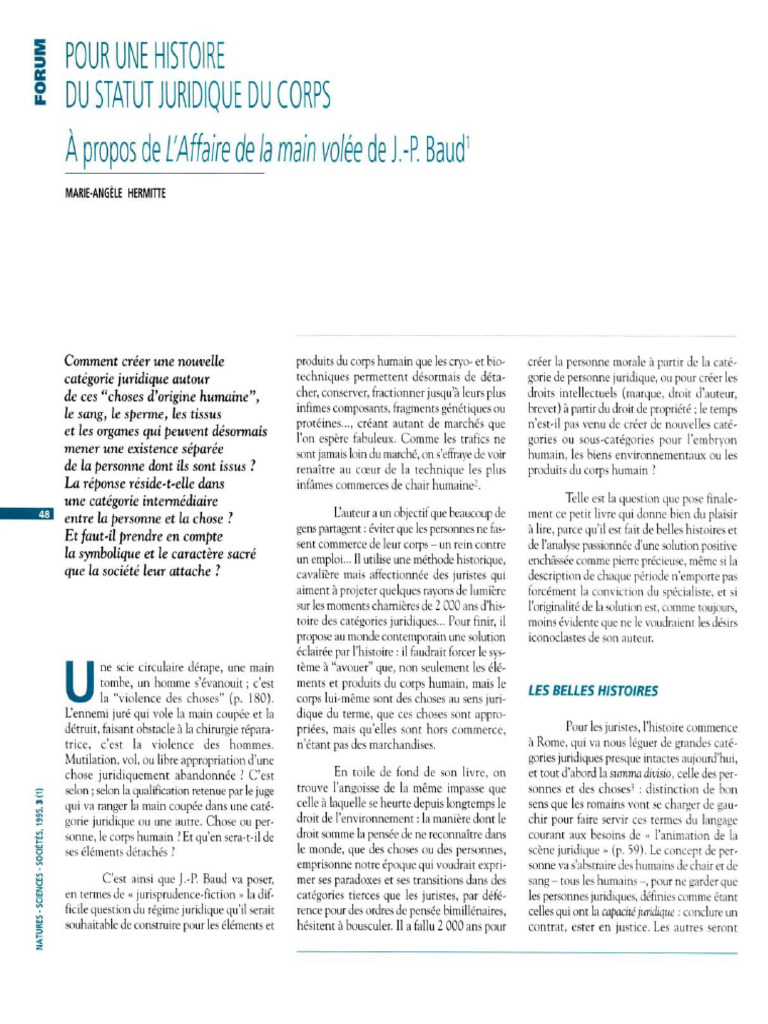 Pour Une Histoire Du Statut Juridique Du Corps | PDF