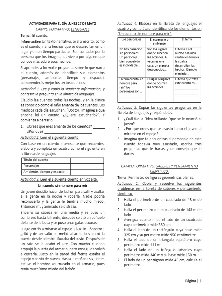 Actividades de Cuarto Año - Semana Del 27 Al 31 de Mayo | PDF