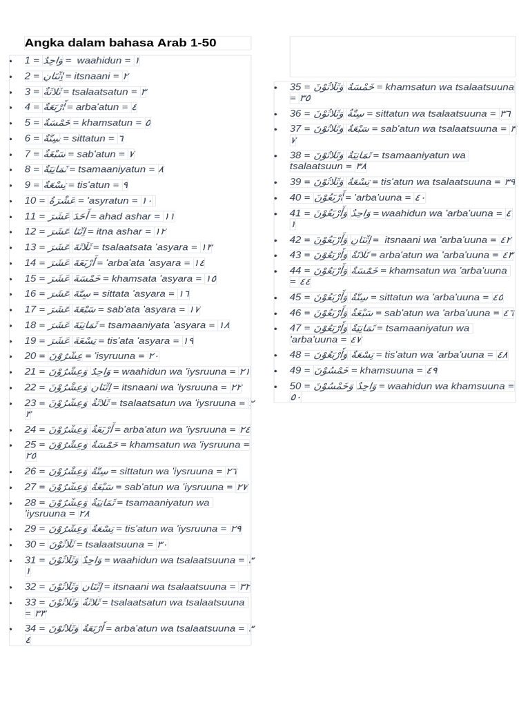 Angka Dalam Bahasa Arab 1 | PDF