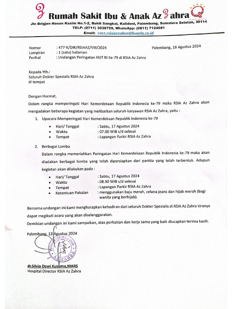 Surat Undangan Peringatan HUT RI RSIA Az Zahra | PDF