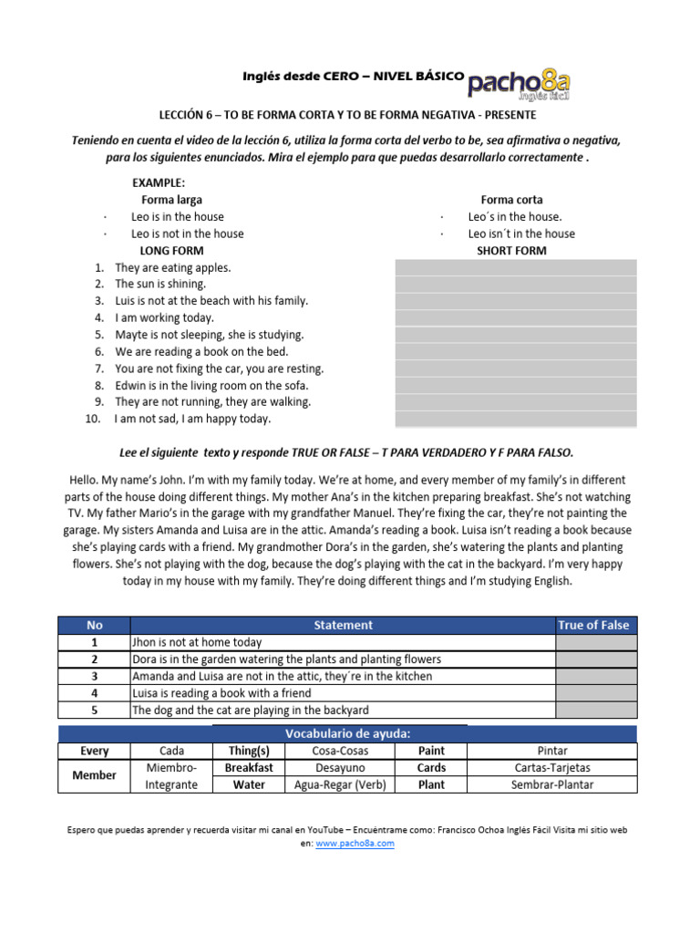 LECCIÓN 6 - TO BE FORMA CORTA Y TO BE FORMA NEGATIVA PRESENTE | PDF