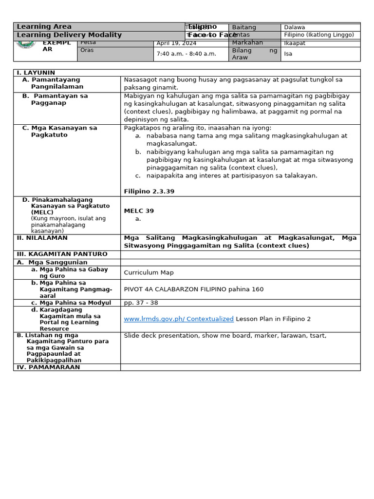 Filipino Le For Cot 4 Week 3 (4TH Quarter) | PDF