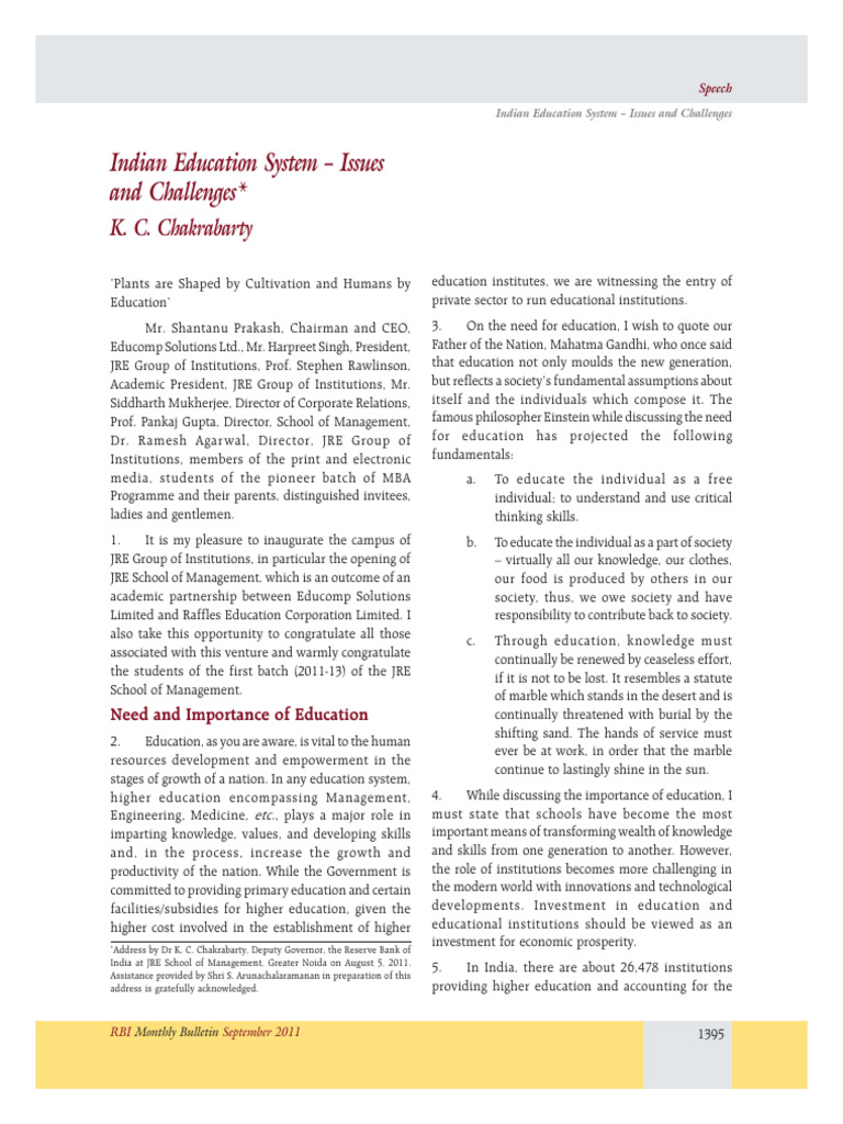 Indian Education System - Issues and Challenges K. C. Chakrabarty | PDF