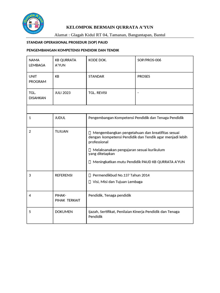 Sop Pengembangan Kompetensi Pendidik Dan Tendik | PDF