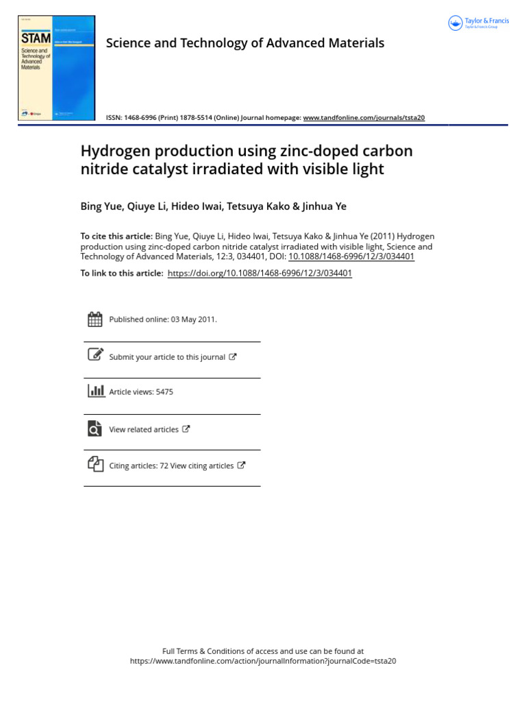 Hydrogen Production Using Zinc-Doped Carbon Nitride Catalyst Irradiated ...