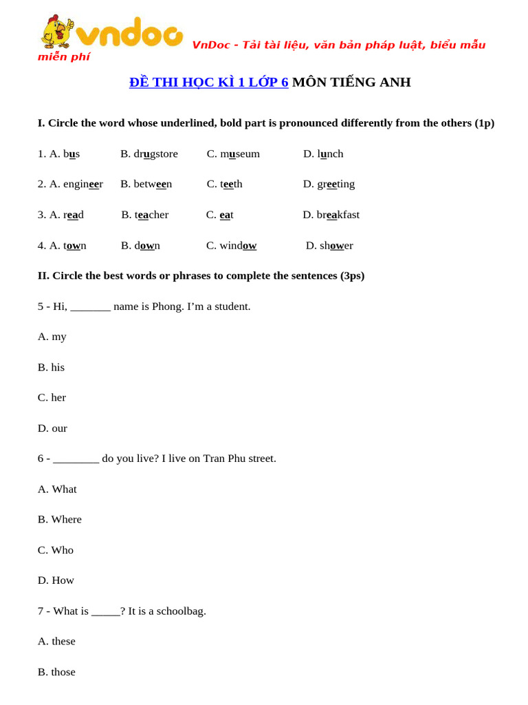 Bo de Thi Hoc Ky 1 Mon Tieng Anh Lop 6 Co Dap An | PDF