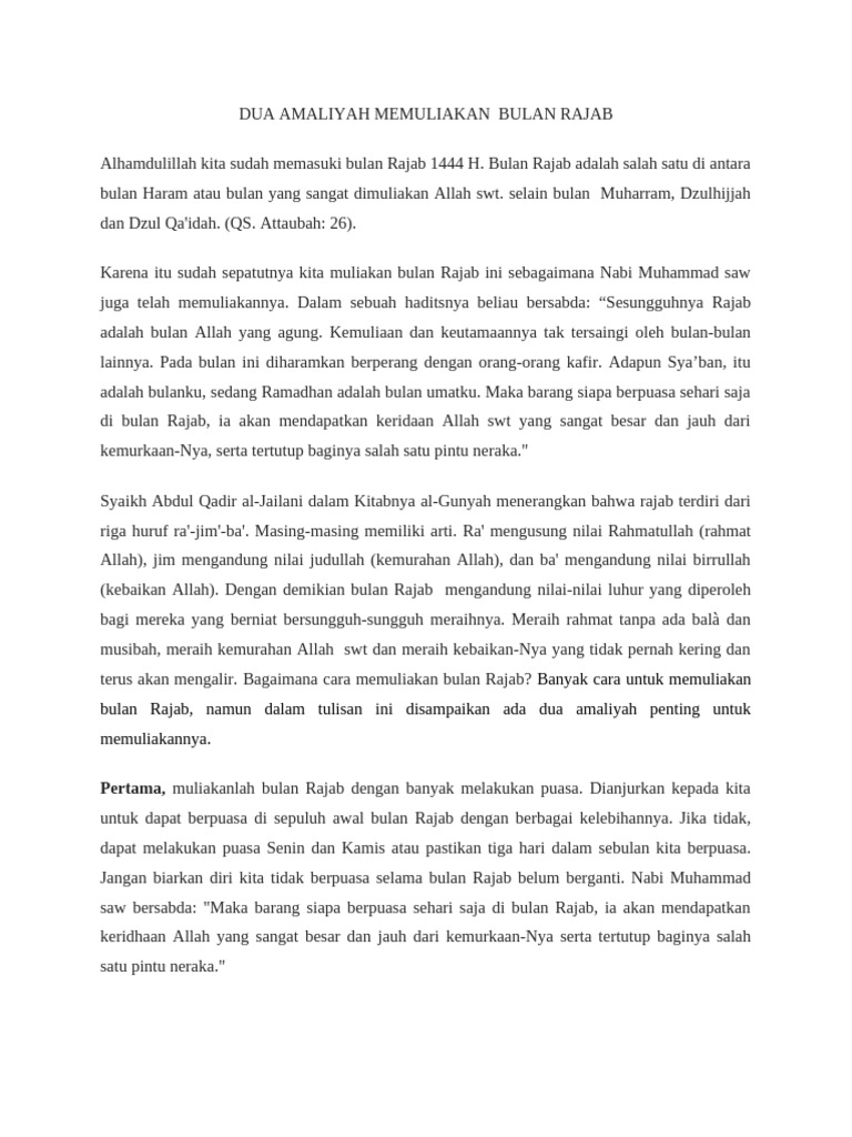 Dua Amaliyah Memuliakan Bulan Rajab | PDF