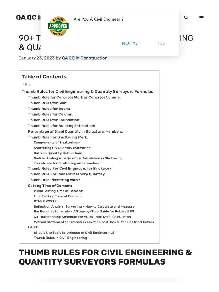 90+ Thumb Rules For Civil Engineering & Quantity Surveyors - Formulas | PDF