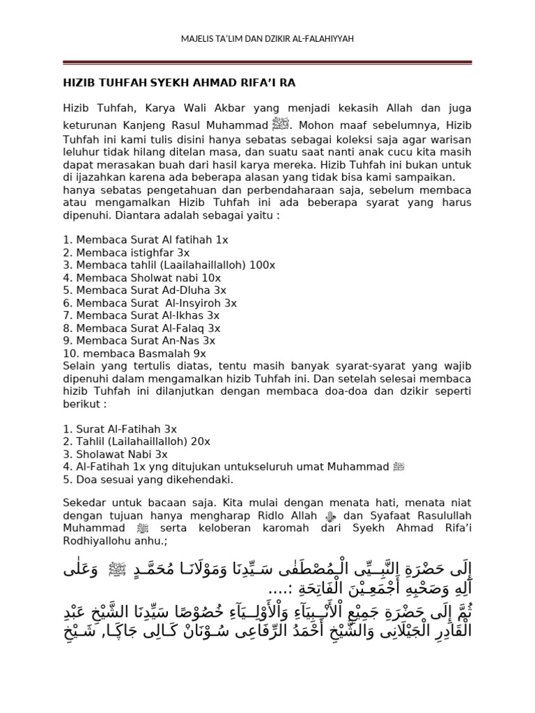 Hizib Tuhfah Syekh Ahmad Rifa | PDF