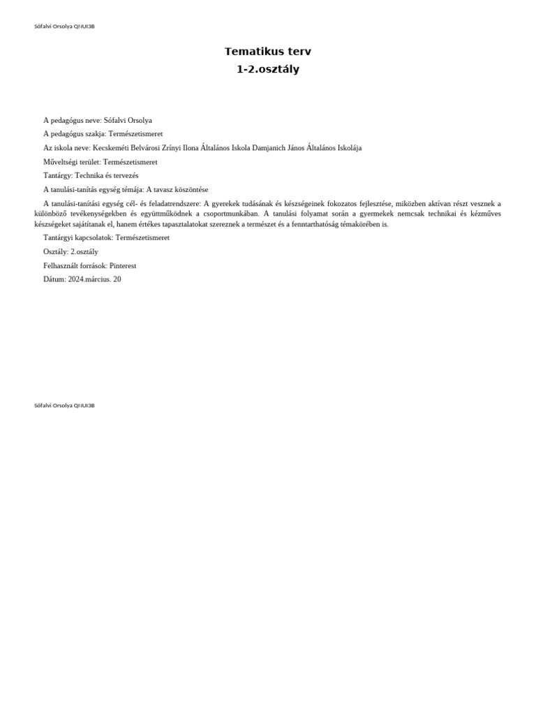 Tematikus - Terv 1-2 Osztály Tavasz | PDF