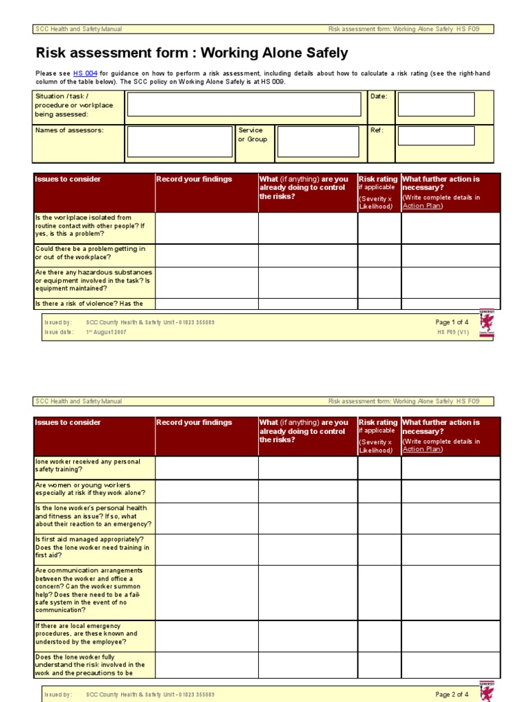Lone Working Assessment | Occupational Safety And Health | Risk Assessment